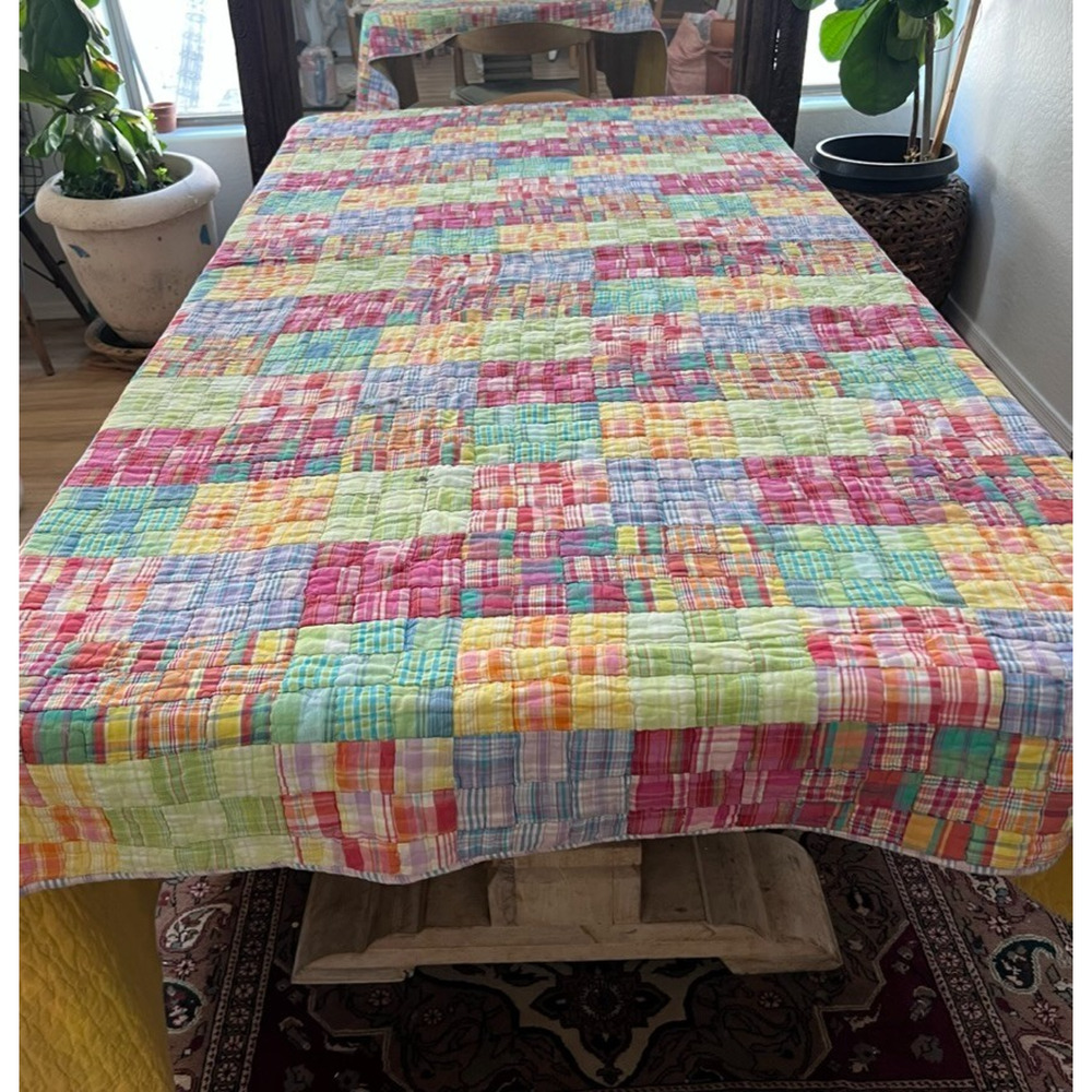 Vintage LNT Home Quilt Square Plaid Patchwork Reversible 88" x 100"